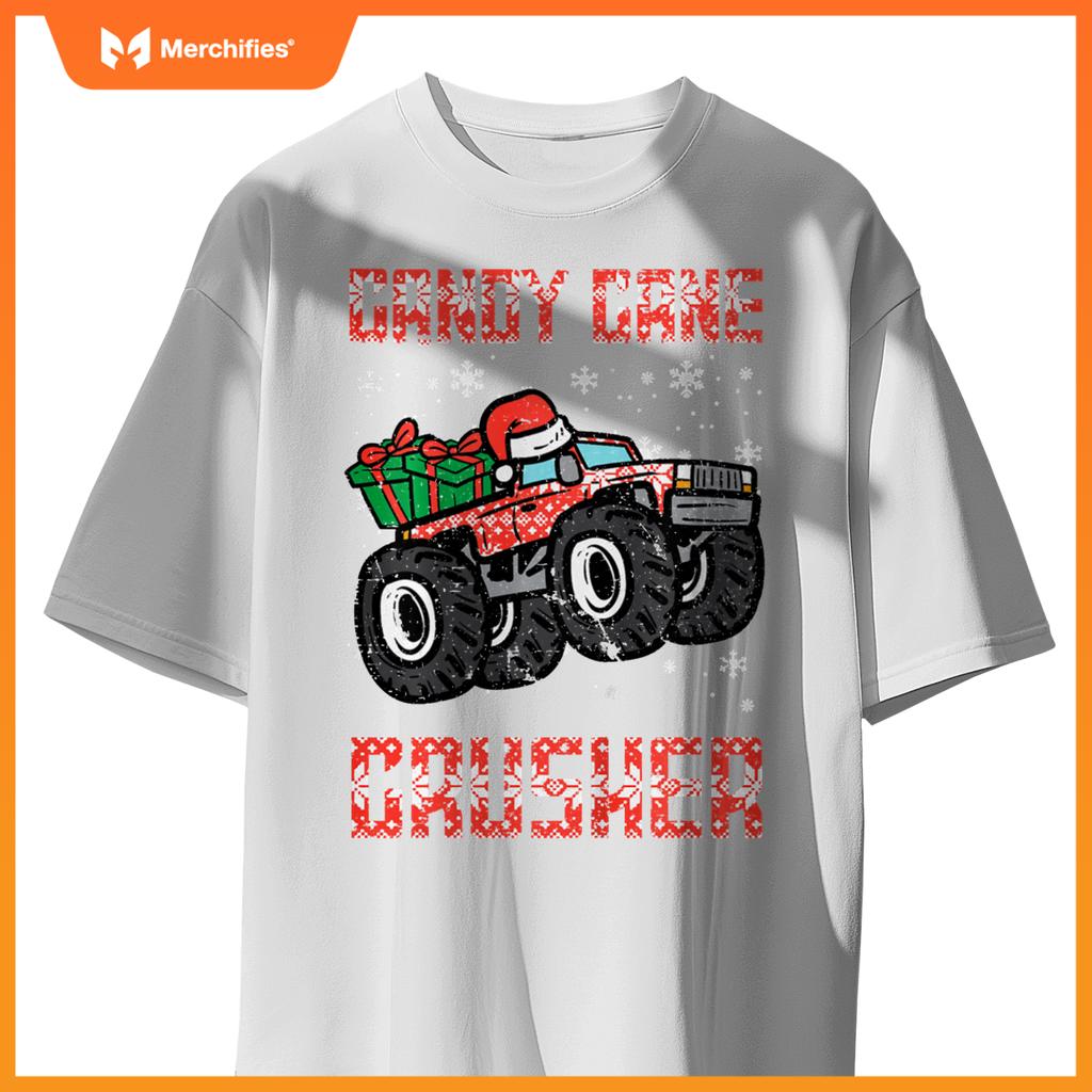 Kids Christmas Candy Cane Crusher Xmas Monster Truck Toddler Boys T-Shirt