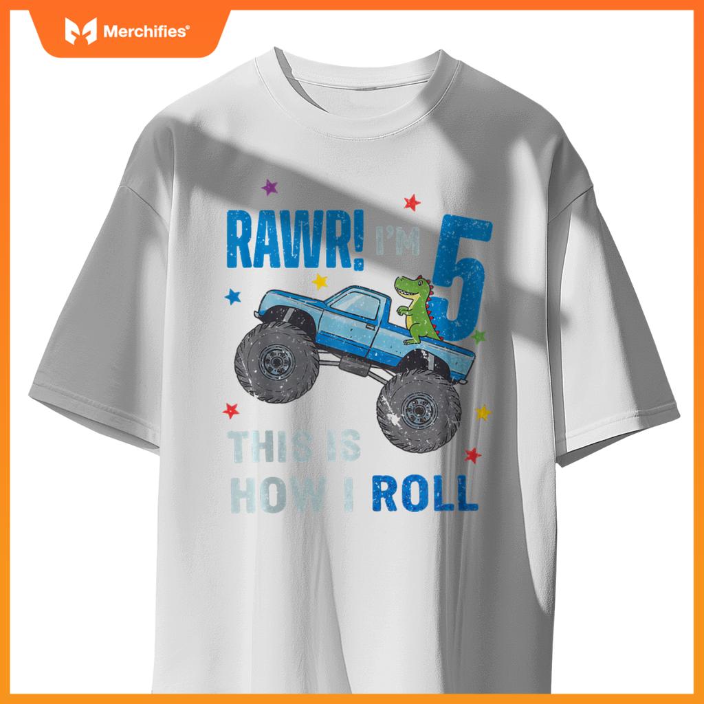 Monster Truck 5 Year Old 5th Birthday Party Trex Dinosaur T-Shirt