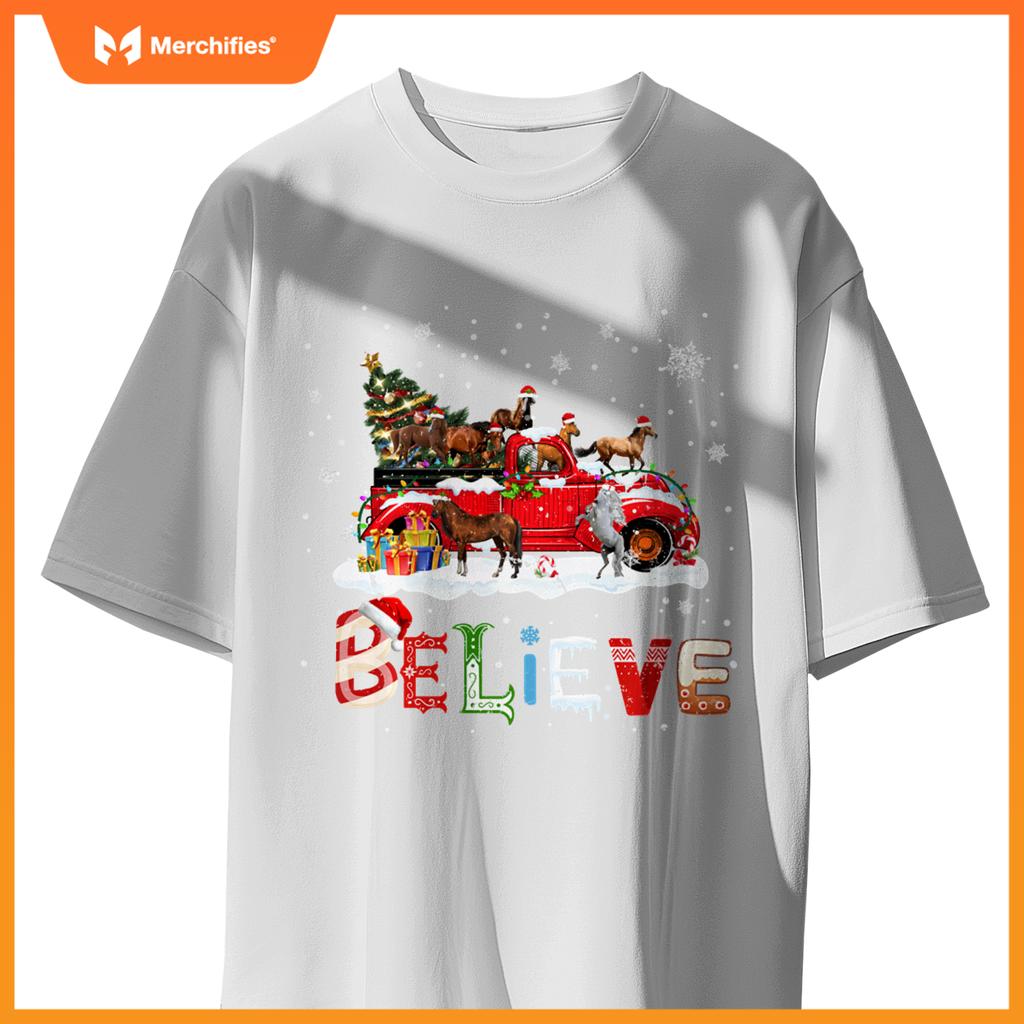 Horse Riding Red Truck Christmas Tree Believe Santa Pajama T-Shirt