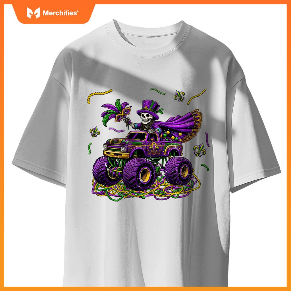 Mardi Gras Monstser Truck Skeleton Beads Mask Carnival T-Shirt