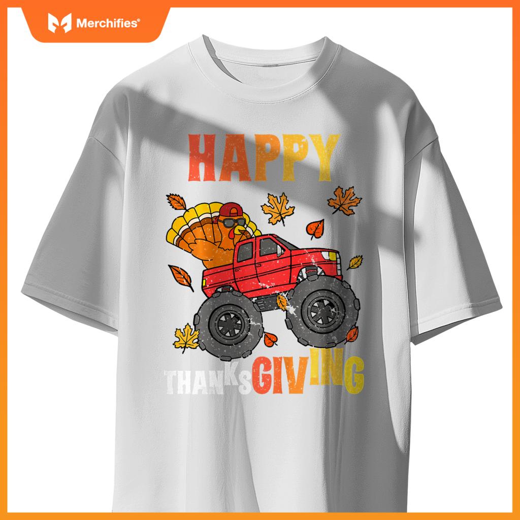 Kids Monster Truck Turkey Happy Thanksgiving Boys Girls T-Shirt
