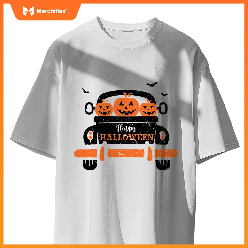 Happy Halloween Pickup Truck Spooky Jack O Lanterns And Bats T-Shirt