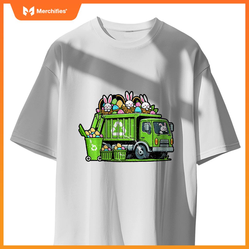 Kids Happy Easter Day Rabbit Lover Bunny Riding Garbage Truck T-Shirt