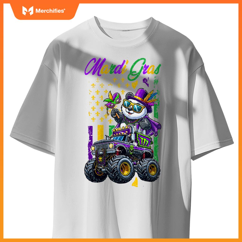 Mardi Gras Panda Sunglasses On Monster Truck Beads Masked T-Shirt