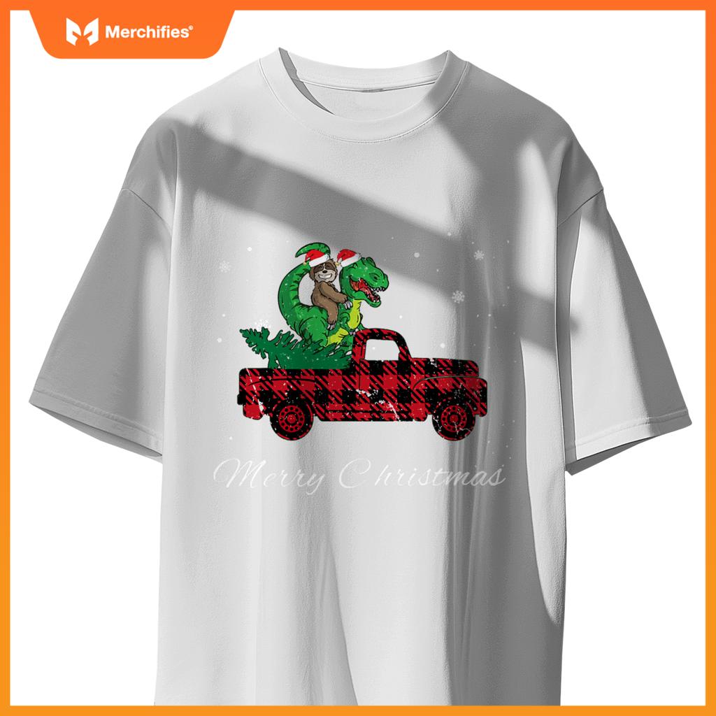 Merry Christmas Red Plaid Truck With Sloth Riding Dinosaur T-Shirt