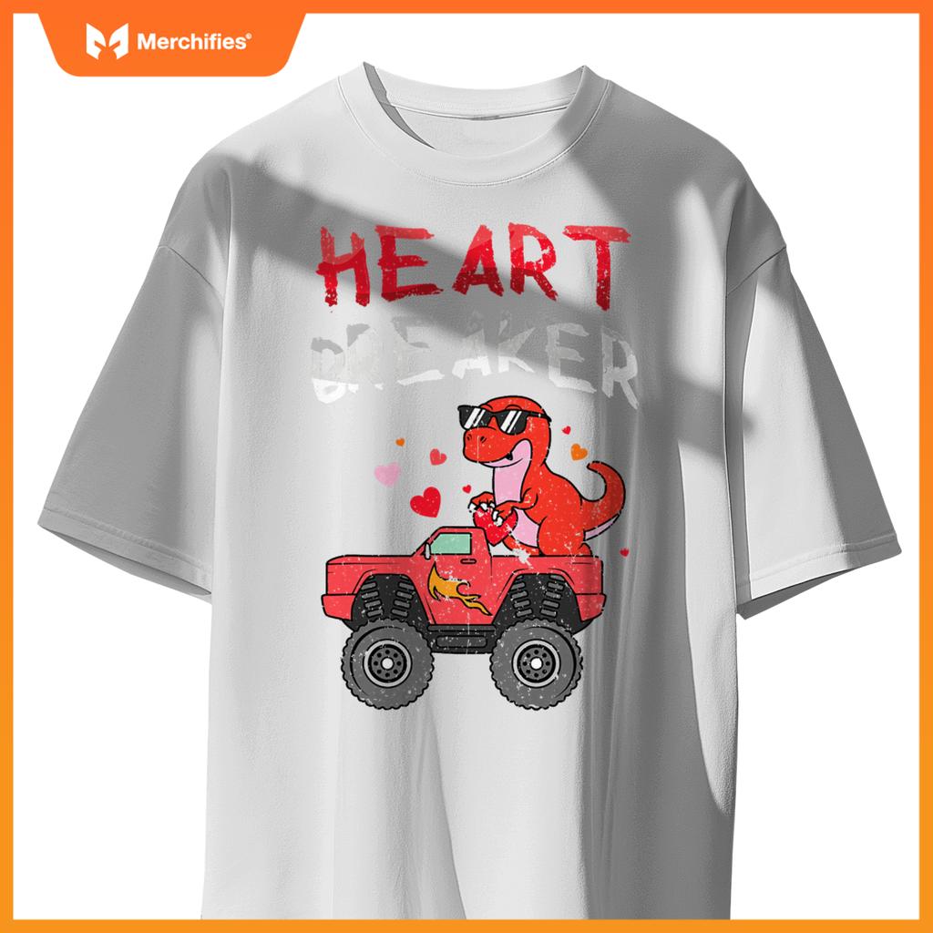 Kids Dinosaur Monster Truck Break Hearts Happy Valentines T-Shirt