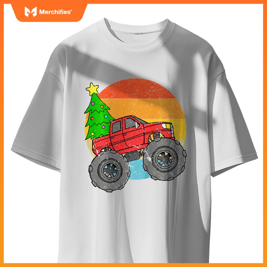 Kids Vintage Sunset Christmas Tree Monster Truck Retro Boys Girls T-Shirt