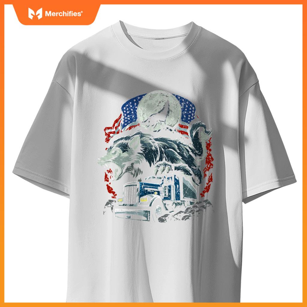 Mens Usa Flag Truck Howling Wolf American Patriotic Trucker T-Shirt