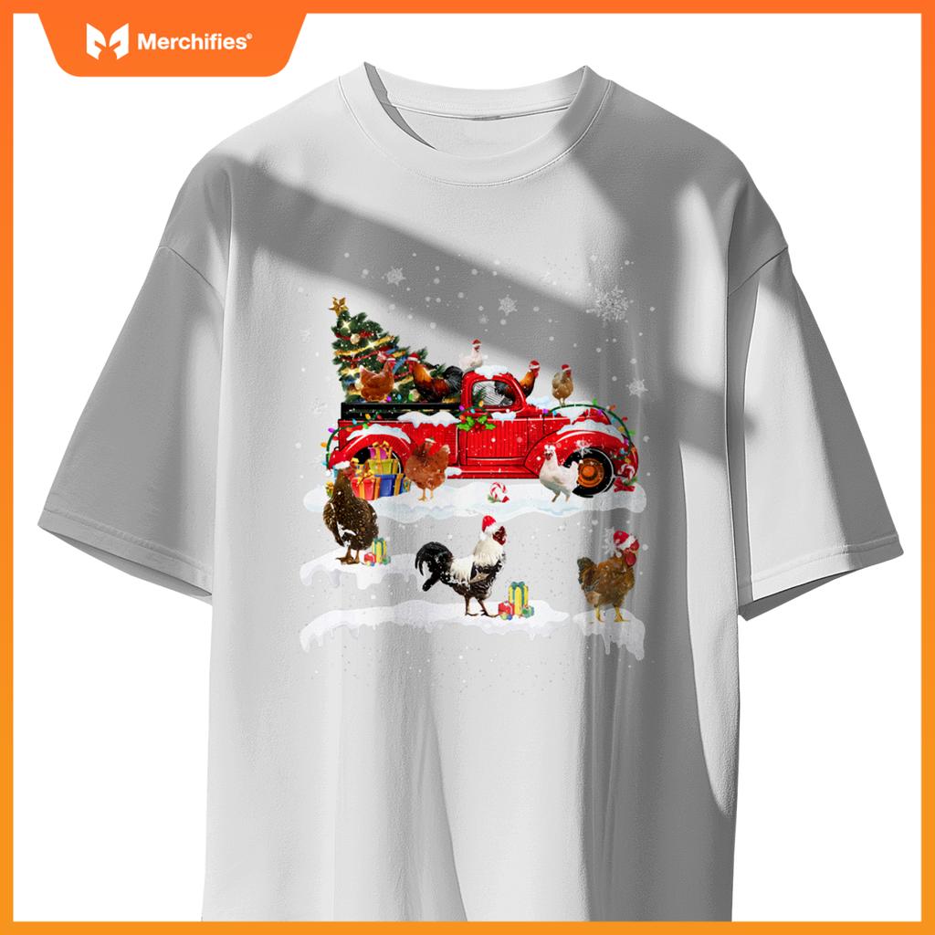 Merry Xmas Chicken Santa Hat Christmas Tree Truck Lights T-Shirt