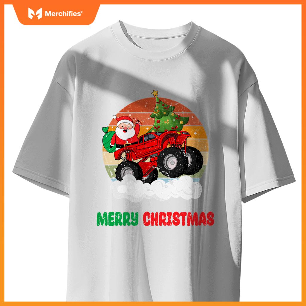 Kids Merry Xmas Santa Monster Truck Christmas Tree Light T-Shirt