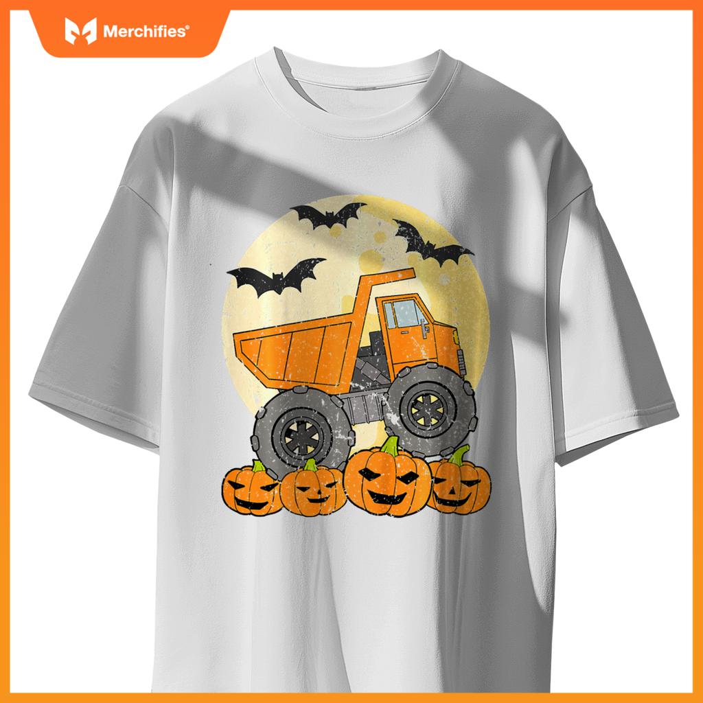 Kids Construction Monster Truck Halloween Pumpkins Toddler Boys T-Shirt