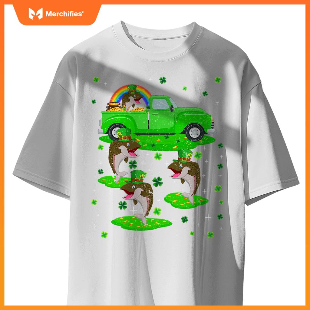 Irish Shamrock Green Truck On Salmon Fish St Patricks Day T-Shirt