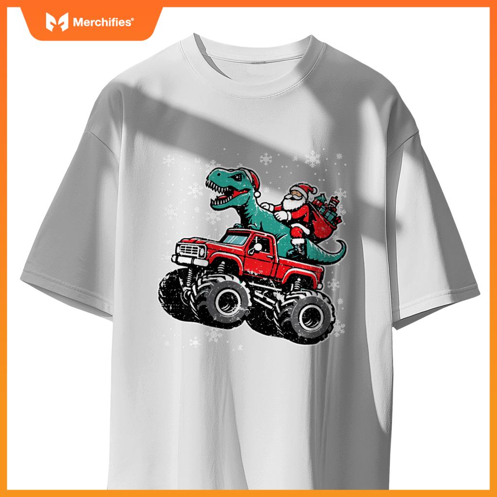 Kids Christmas Monster Truck Dino Santa Xmas Toddler Boys Kids T-Shirt