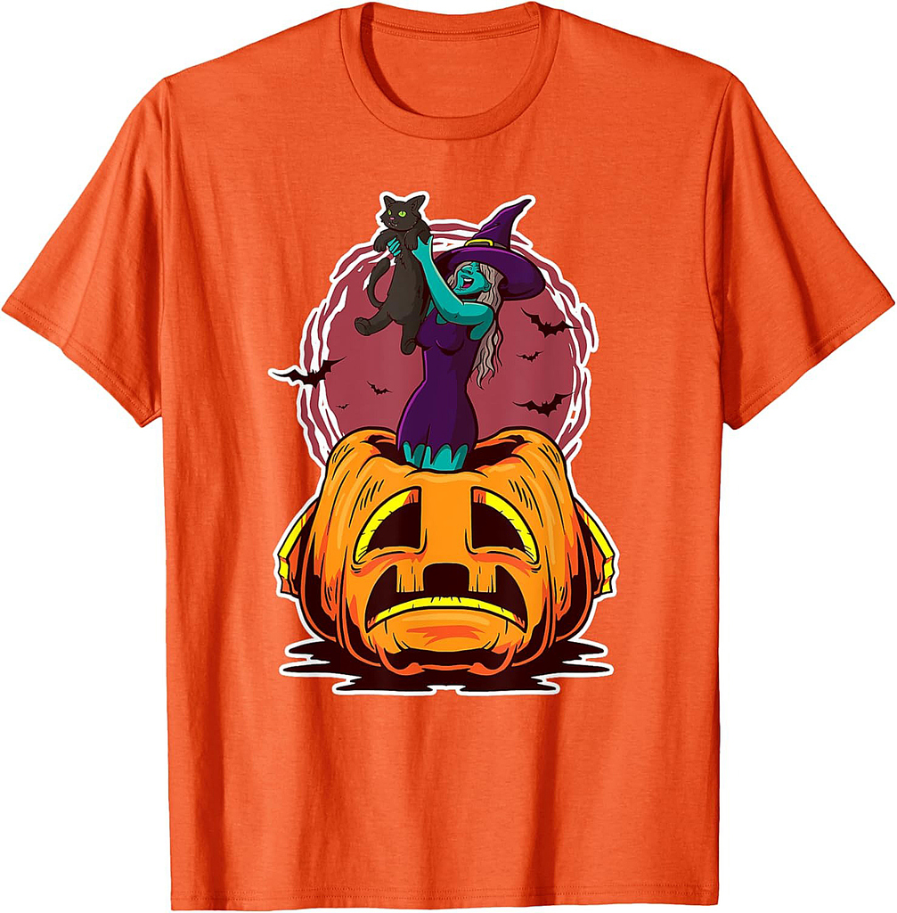 Witch Pumpkin Black Cat Scary spooky Sorcerer Halloween T-Shirt for Men Women Kids