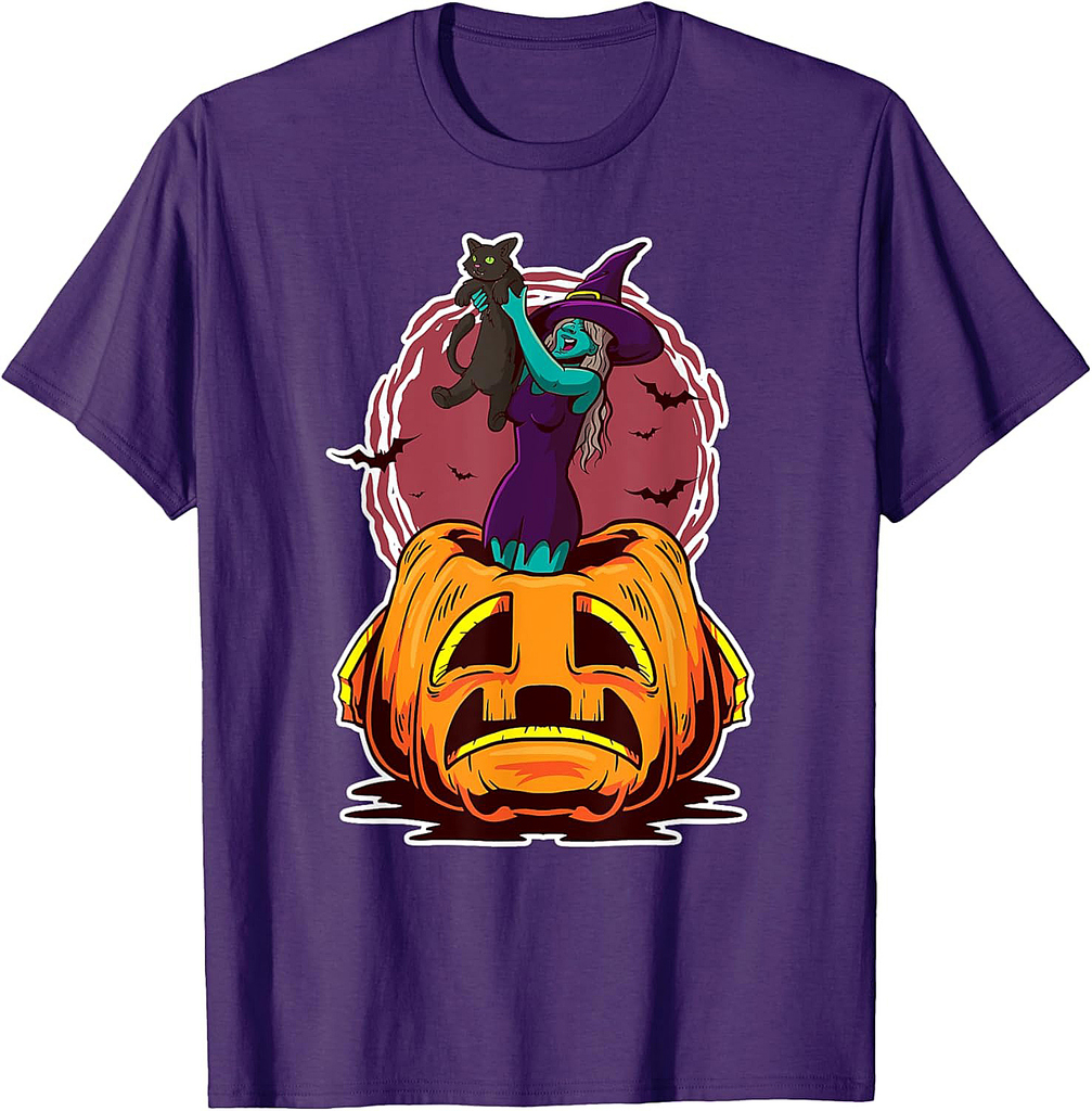 Witch Pumpkin Black Cat Scary spooky Sorcerer Halloween T-Shirt for Men Women Kids