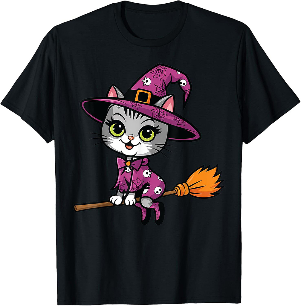 Witchy Cat Broomstick Vintage 90's Halloween Costume T-Shirt for Men Women Kids