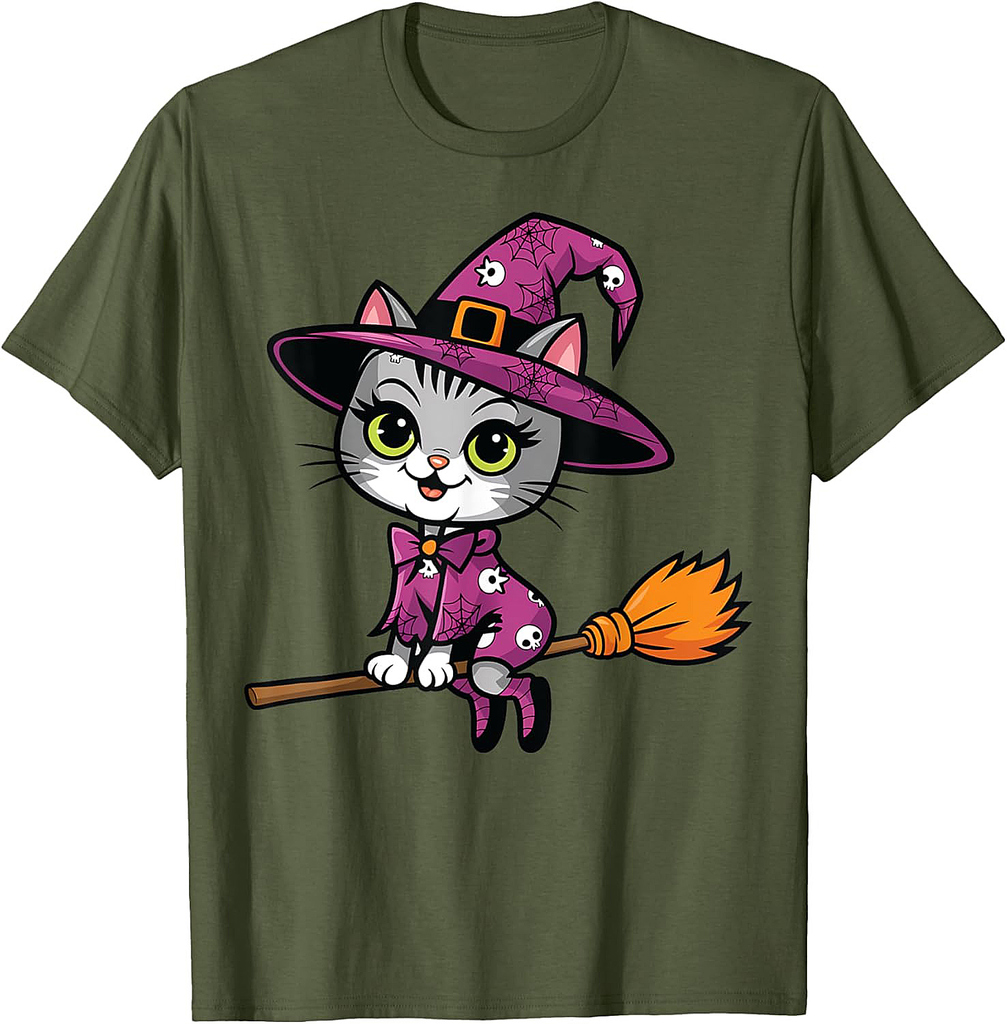 Witchy Cat Broomstick Vintage 90's Halloween Costume T-Shirt for Men Women Kids
