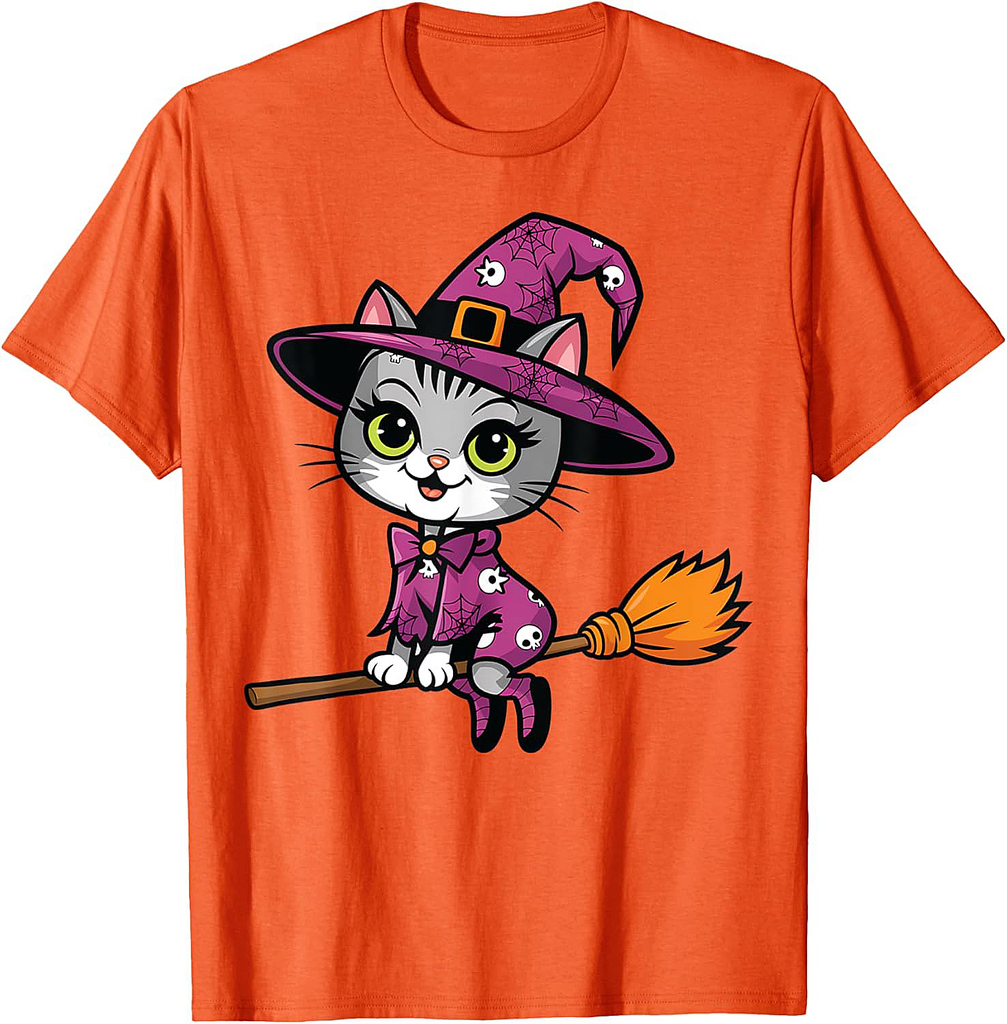 Witchy Cat Broomstick Vintage 90's Halloween Costume T-Shirt for Men Women Kids