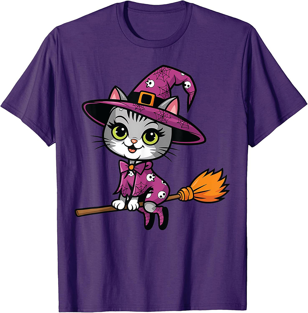 Witchy Cat Broomstick Vintage 90's Halloween Costume T-Shirt for Men Women Kids