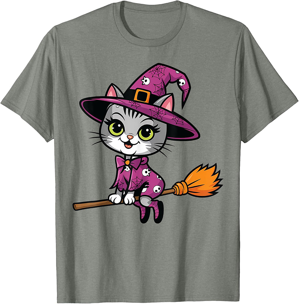 Witchy Cat Broomstick Vintage 90's Halloween Costume T-Shirt for Men Women Kids