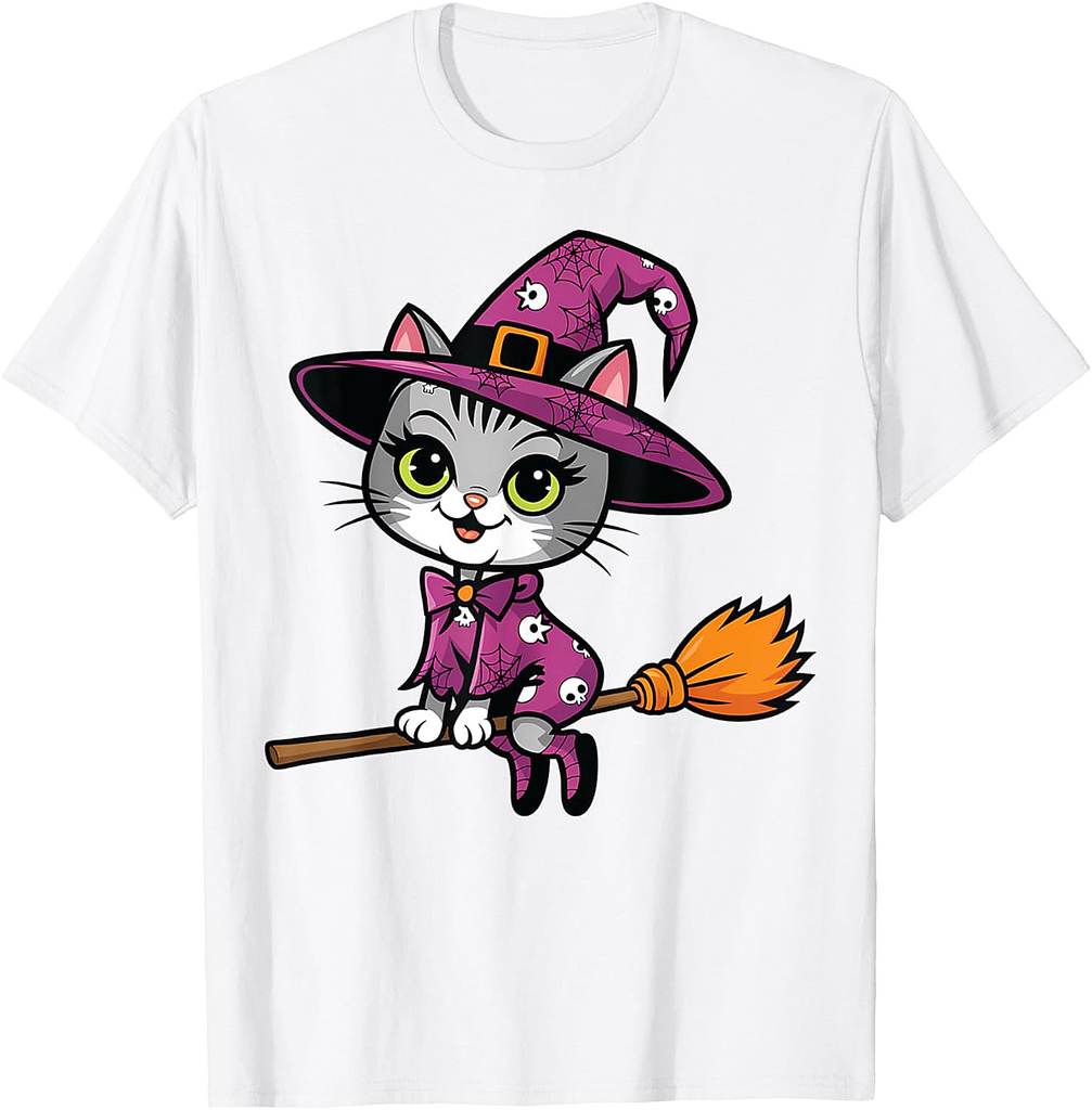 Witchy Cat Broomstick Vintage 90's Halloween Costume T-Shirt for Men Women Kids