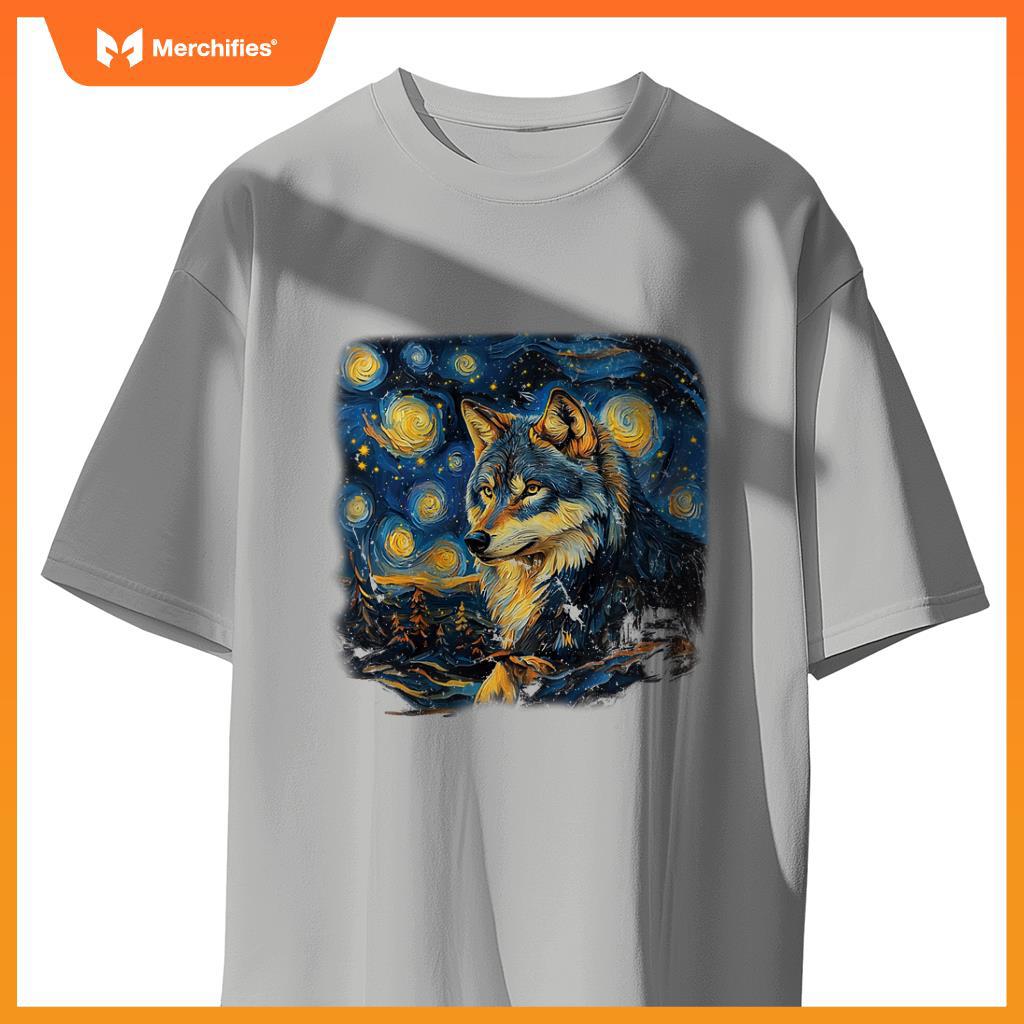 Wolf Under A Starry Night In Van Gogh-Inspired Realism T-Shirt