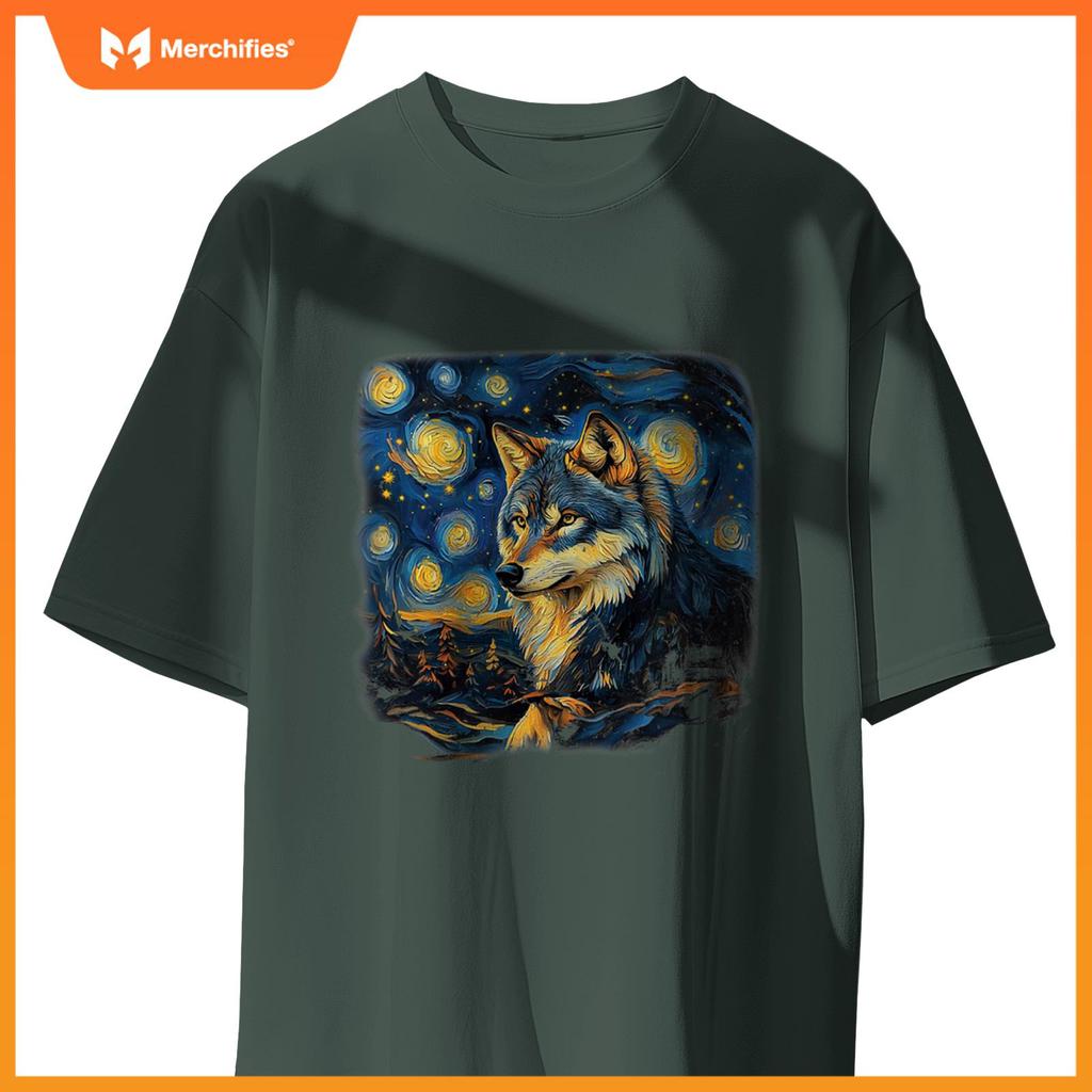 Wolf Under A Starry Night In Van Gogh-Inspired Realism T-Shirt