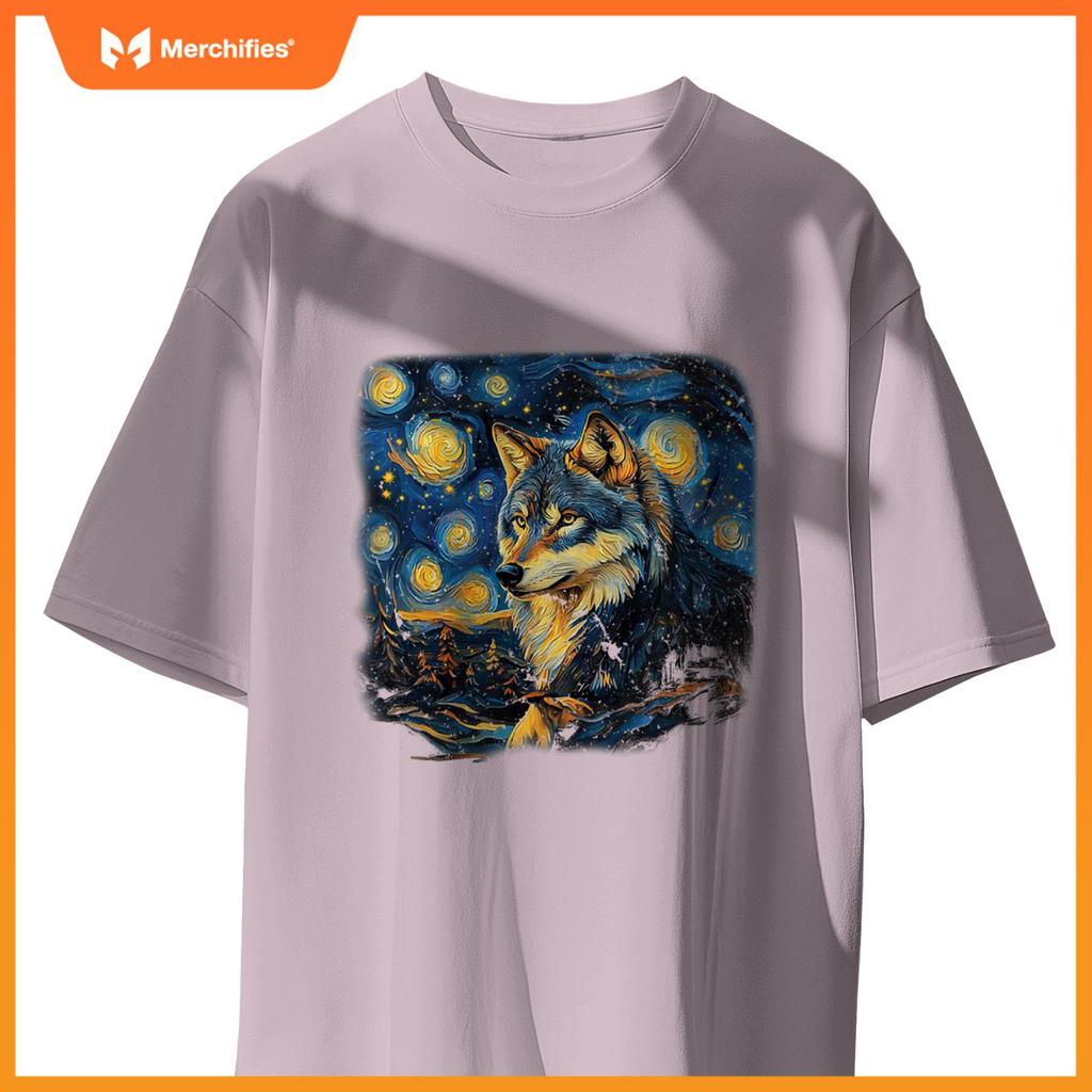 Wolf Under A Starry Night In Van Gogh-Inspired Realism T-Shirt