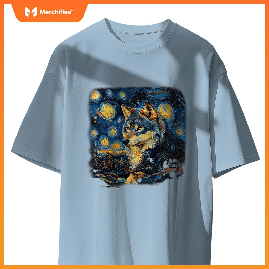 Wolf Under A Starry Night In Van Gogh-Inspired Realism T-Shirt