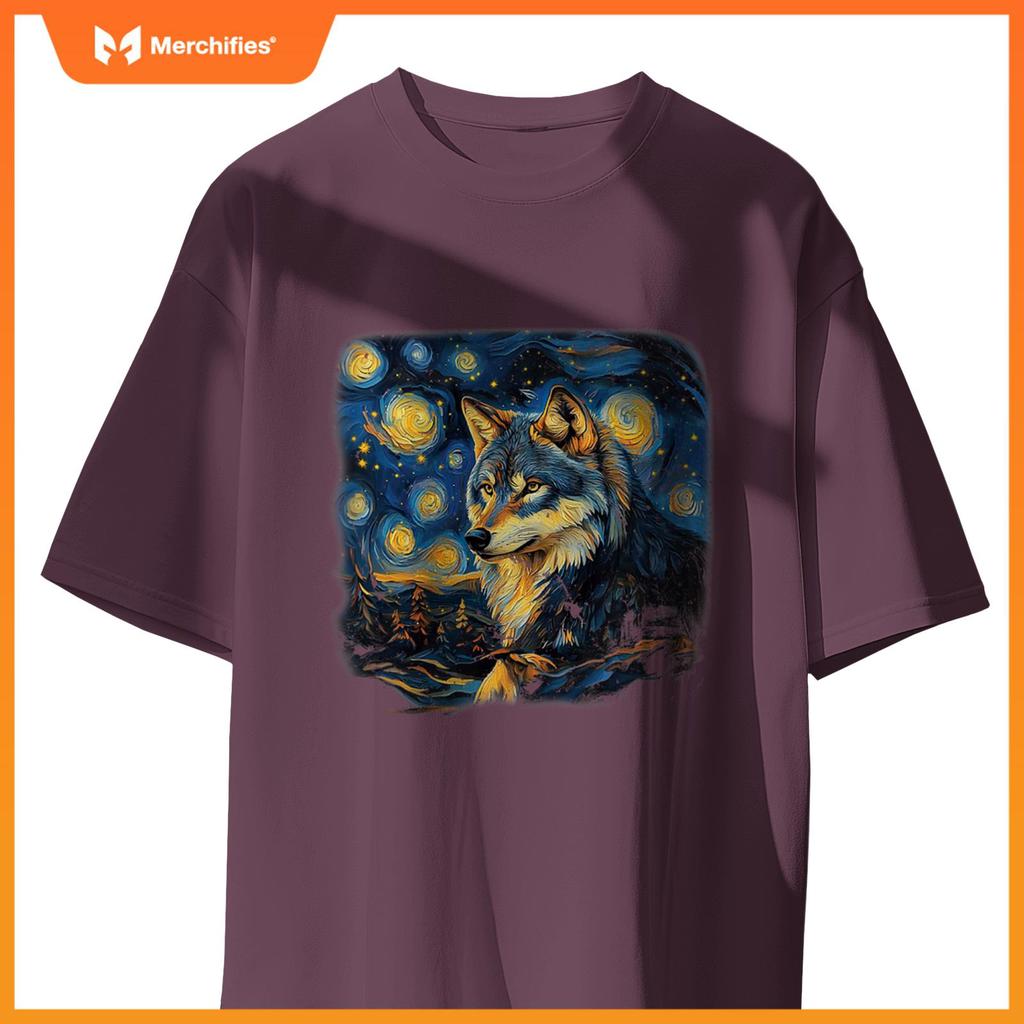 Wolf Under A Starry Night In Van Gogh-Inspired Realism T-Shirt