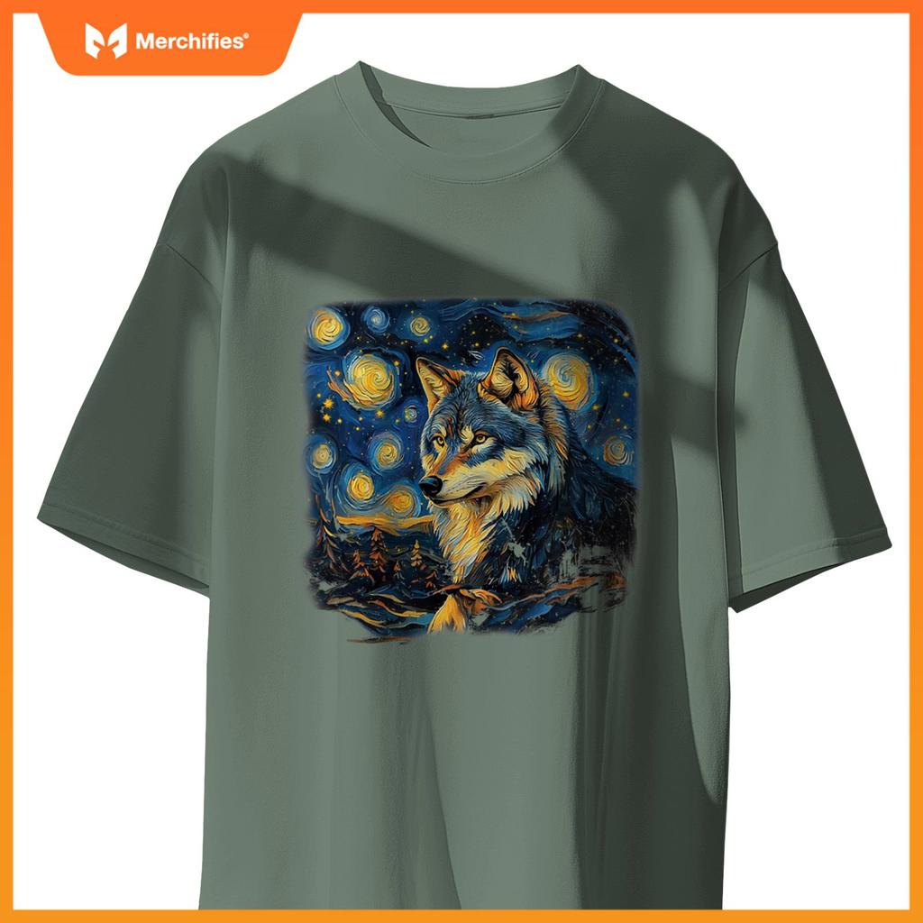 Wolf Under A Starry Night In Van Gogh-Inspired Realism T-Shirt