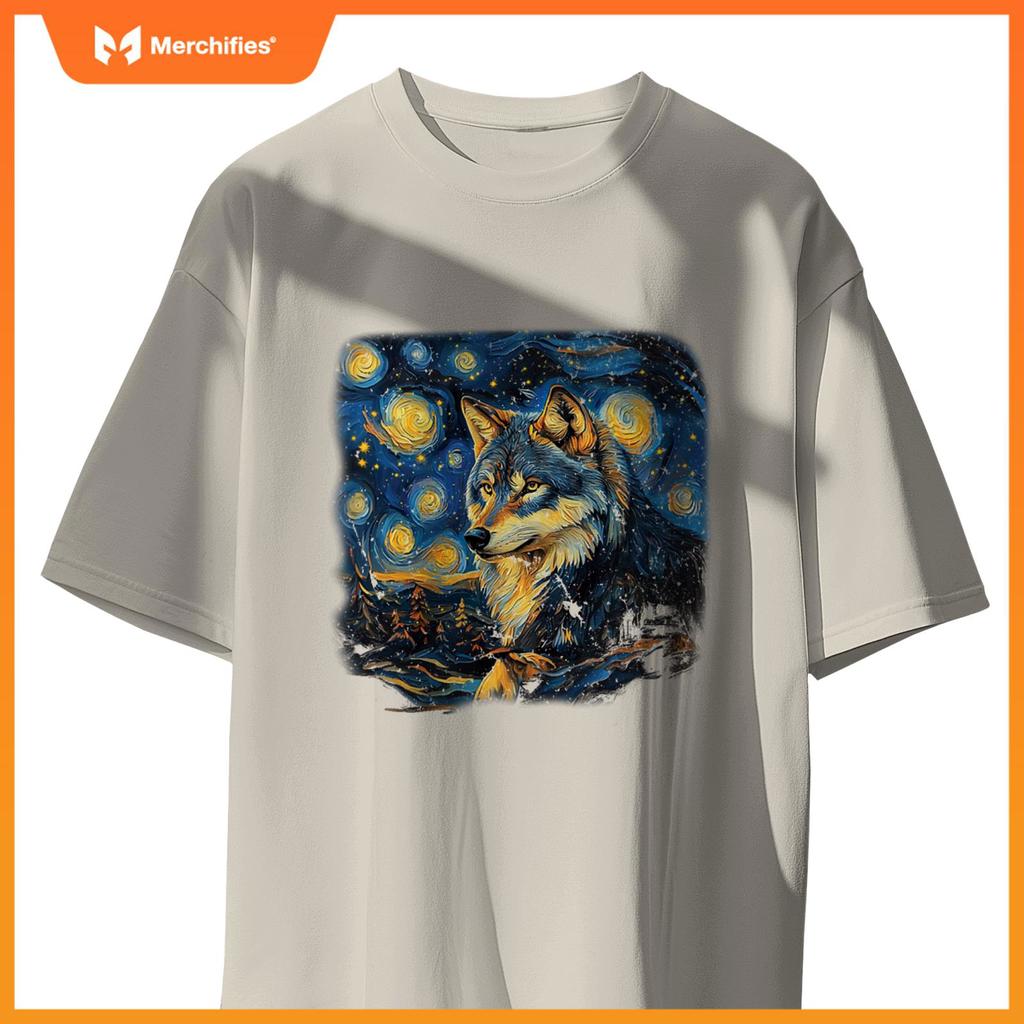 Wolf Under A Starry Night In Van Gogh-Inspired Realism T-Shirt