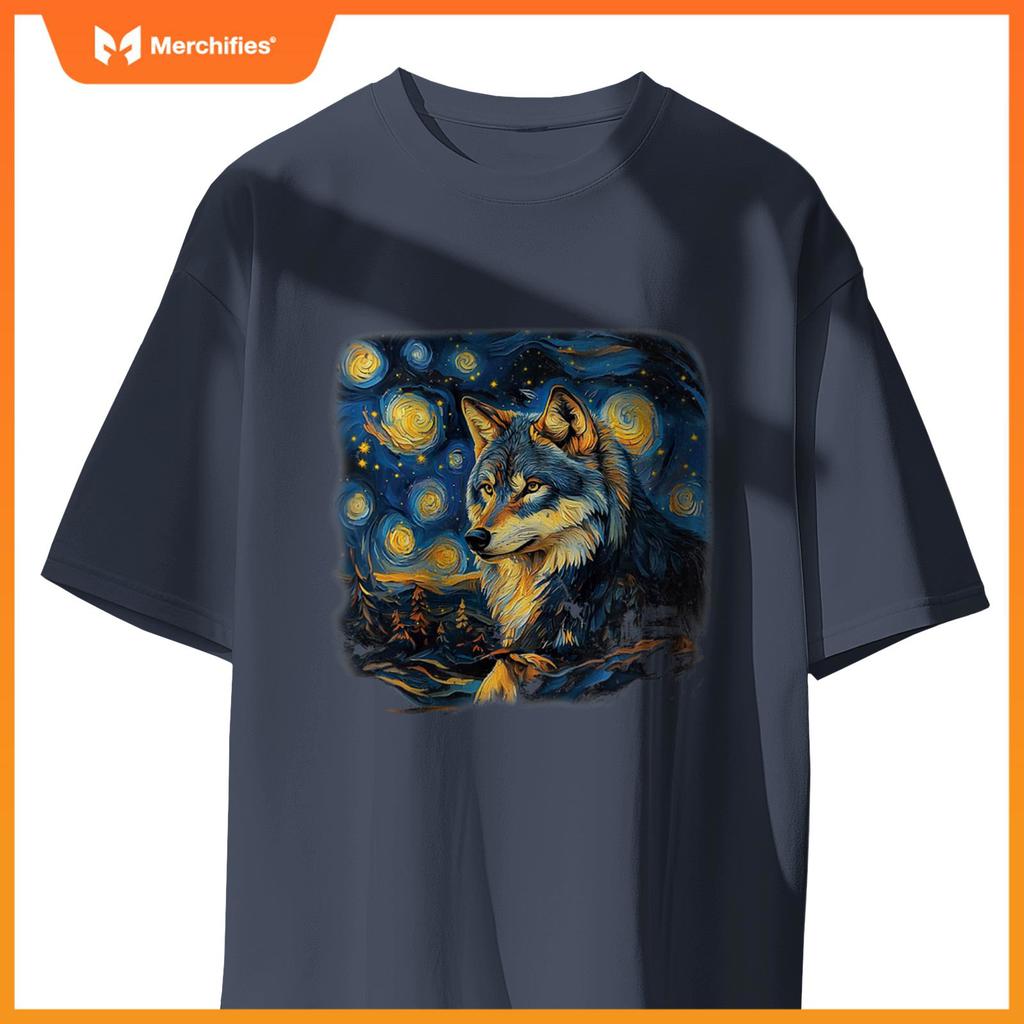 Wolf Under A Starry Night In Van Gogh-Inspired Realism T-Shirt
