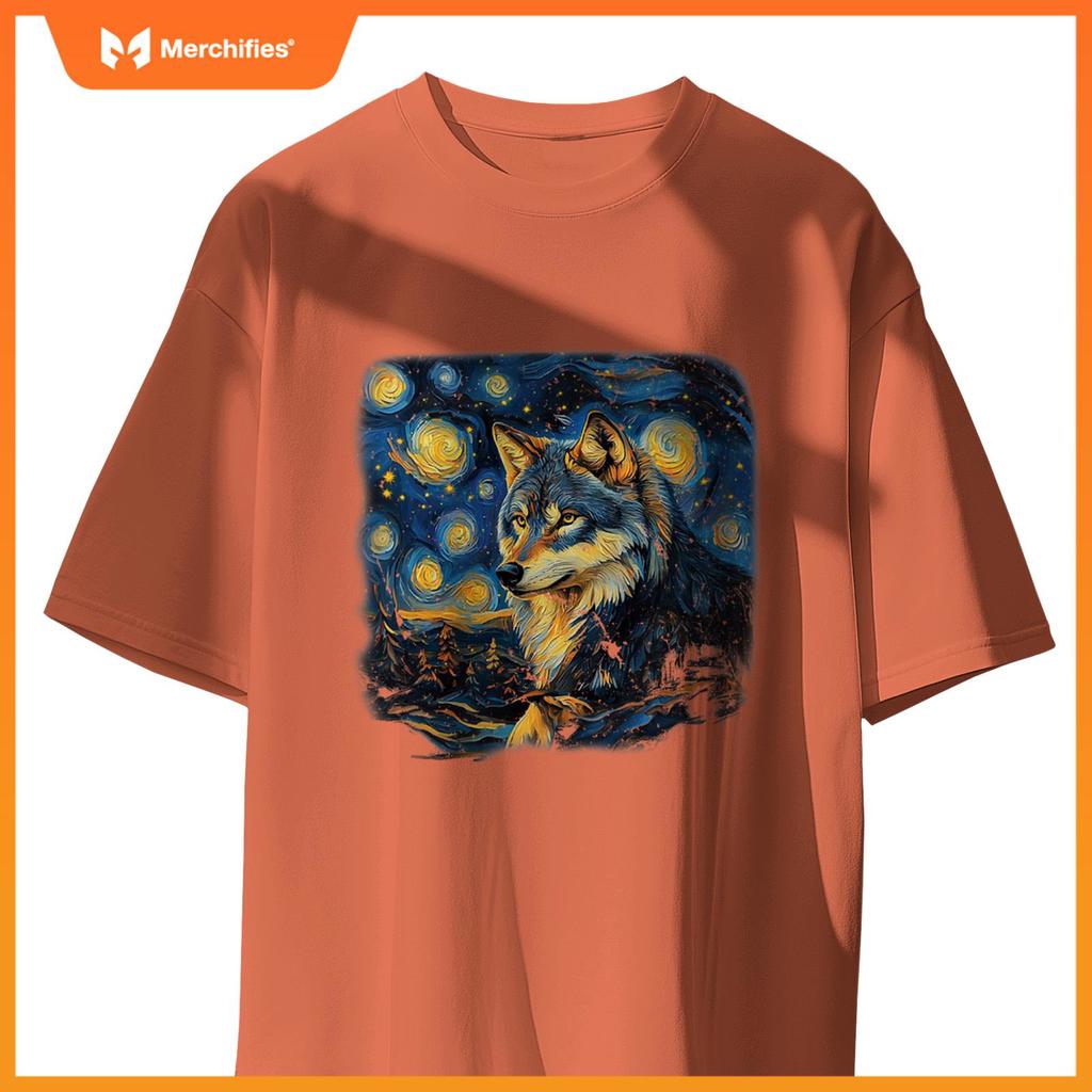 Wolf Under A Starry Night In Van Gogh-Inspired Realism T-Shirt