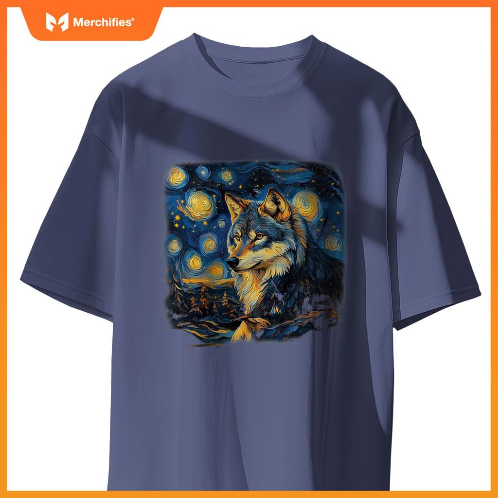 Wolf Under A Starry Night In Van Gogh-Inspired Realism T-Shirt