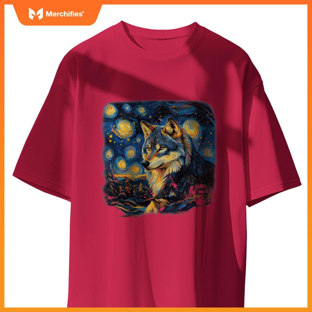 Wolf Under A Starry Night In Van Gogh-Inspired Realism T-Shirt