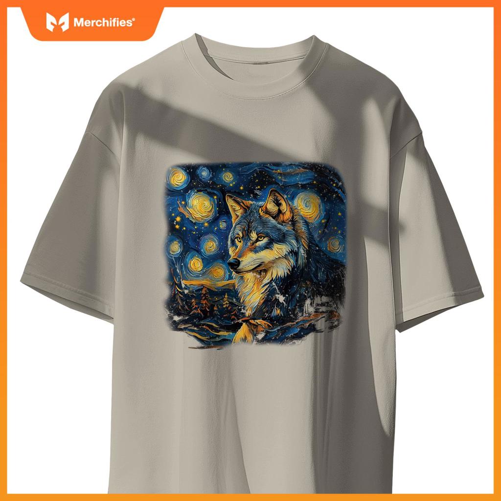 Wolf Under A Starry Night In Van Gogh-Inspired Realism T-Shirt