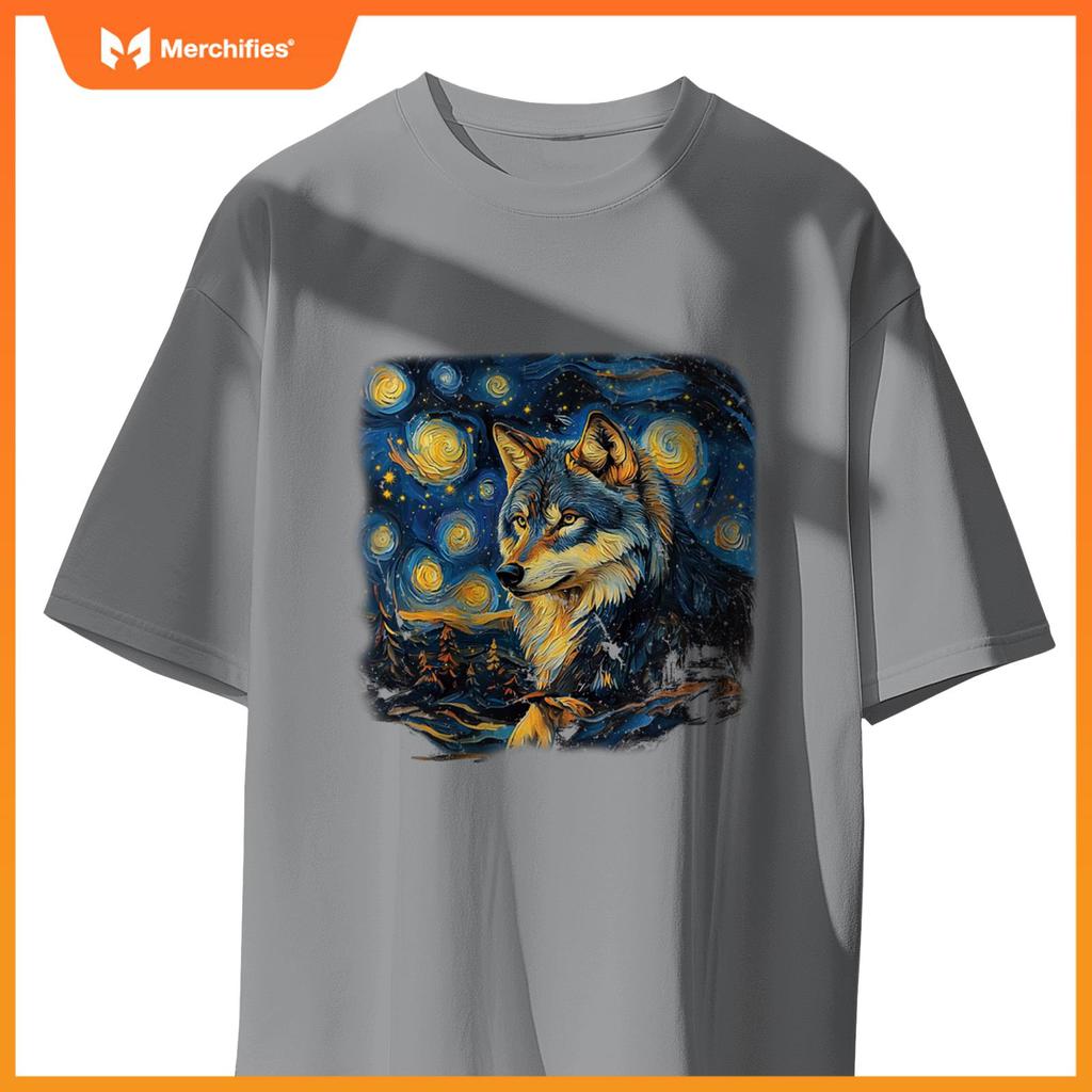 Wolf Under A Starry Night In Van Gogh-Inspired Realism T-Shirt