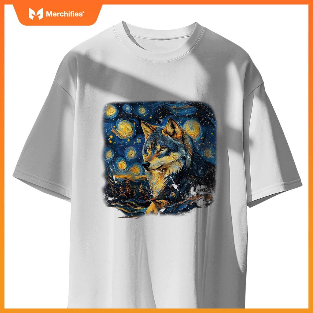 Wolf Under A Starry Night In Van Gogh-Inspired Realism T-Shirt