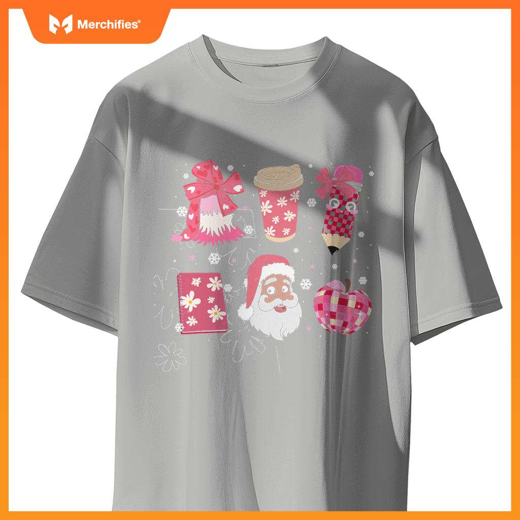 Women Pink Santa Teacher Christmas Coquette Bow Pencil Santa
