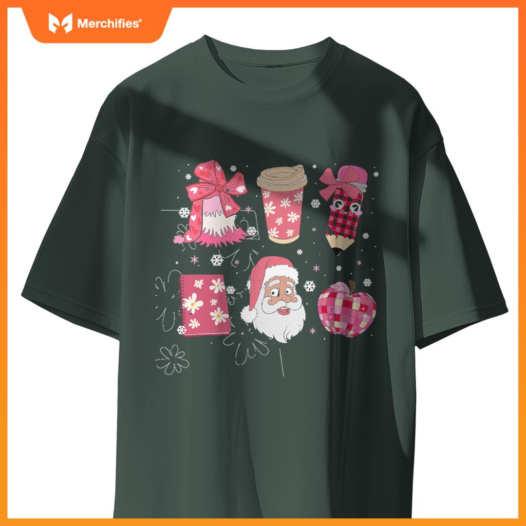 Women Pink Santa Teacher Christmas Coquette Bow Pencil Santa