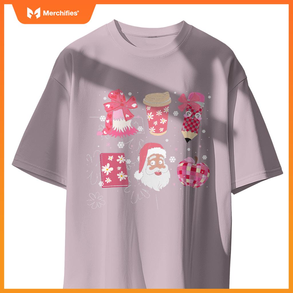 Women Pink Santa Teacher Christmas Coquette Bow Pencil Santa