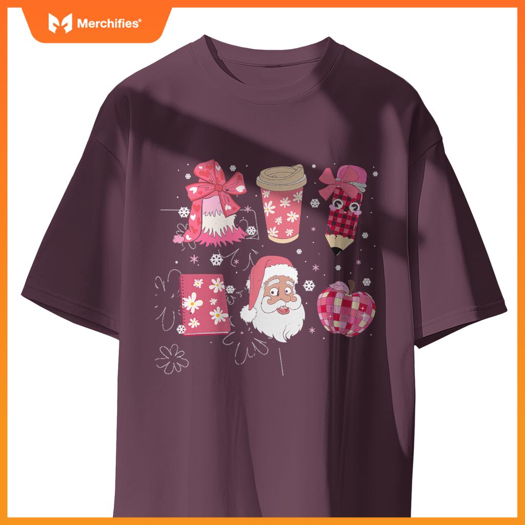 Women Pink Santa Teacher Christmas Coquette Bow Pencil Santa