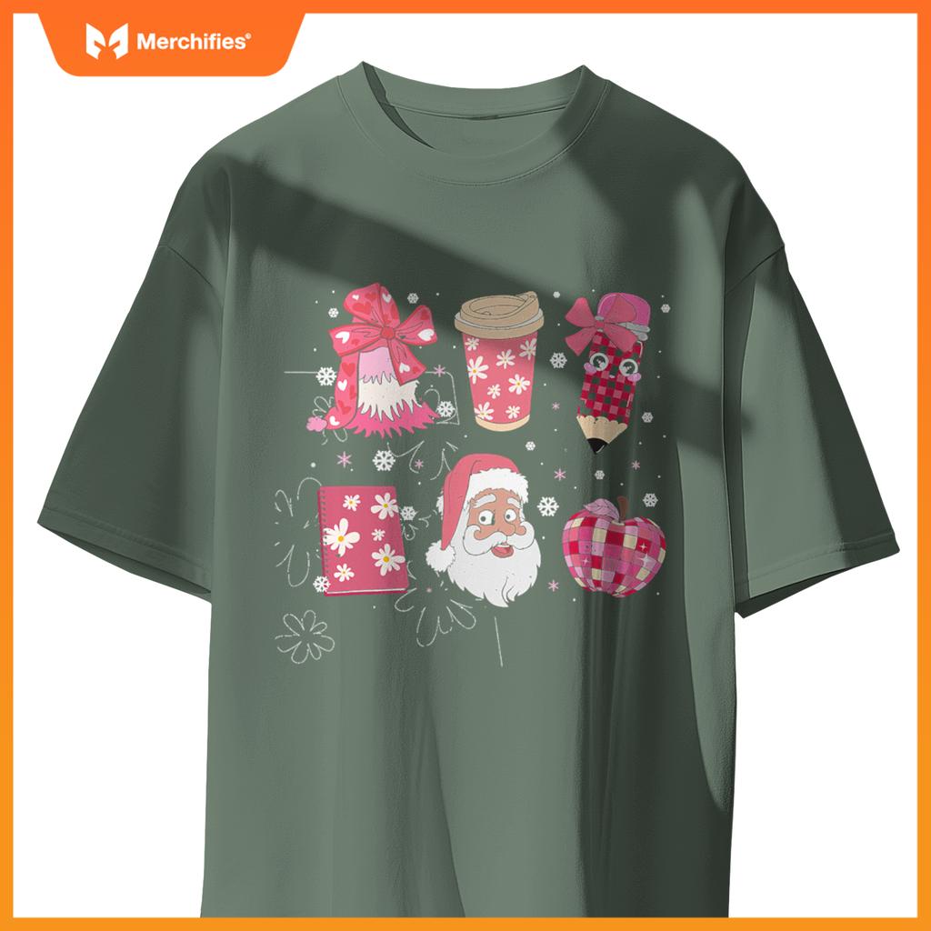 Women Pink Santa Teacher Christmas Coquette Bow Pencil Santa