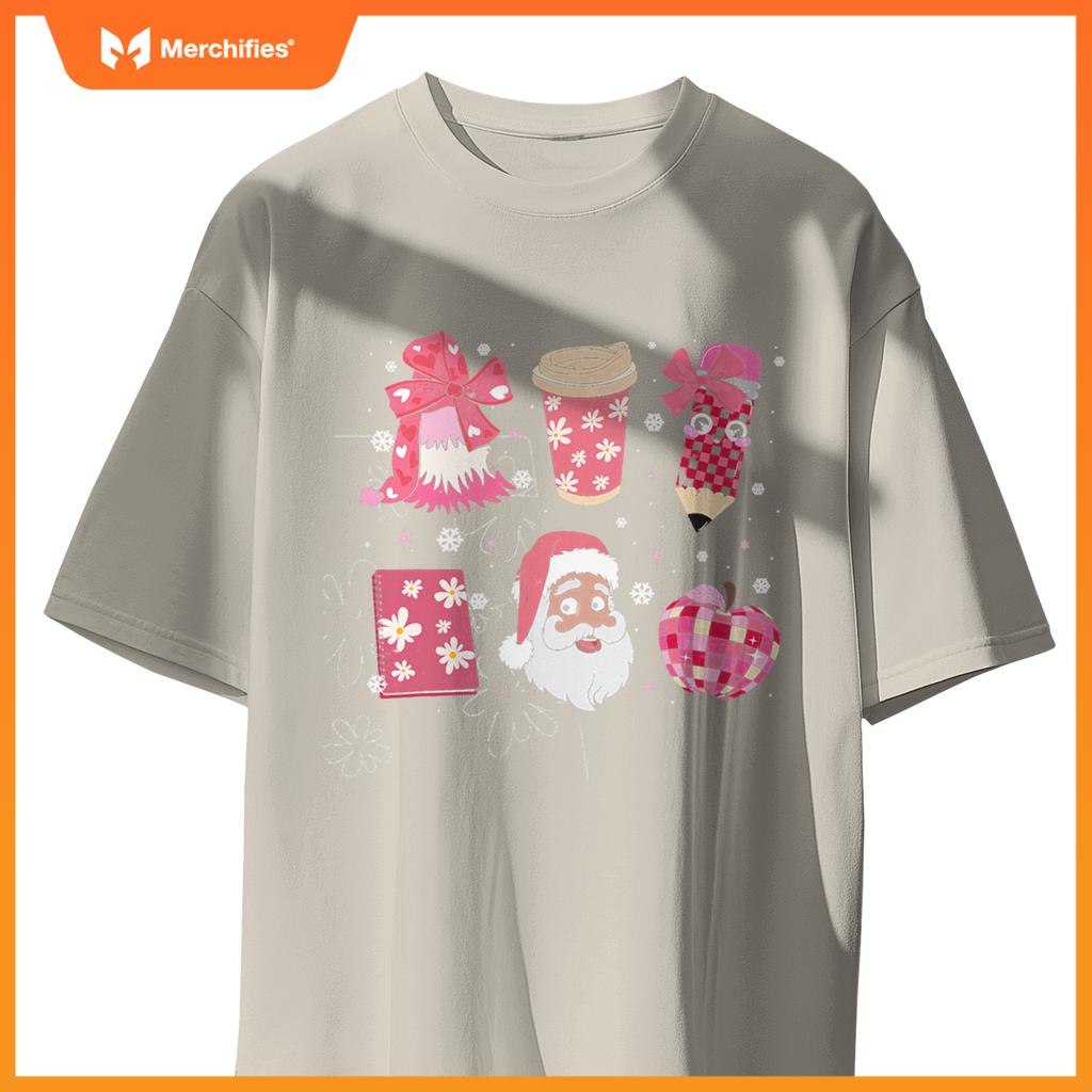 Women Pink Santa Teacher Christmas Coquette Bow Pencil Santa