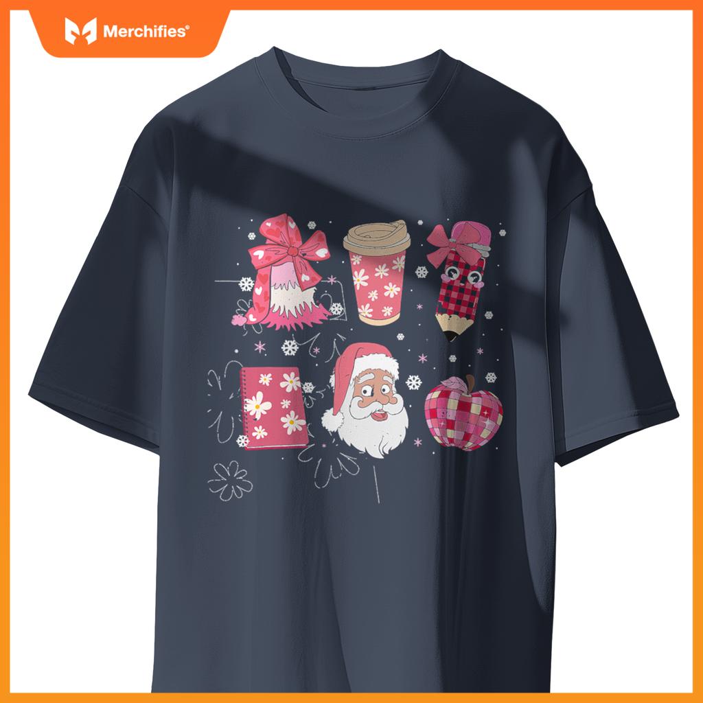 Women Pink Santa Teacher Christmas Coquette Bow Pencil Santa