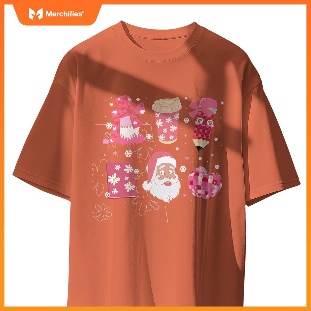 Women Pink Santa Teacher Christmas Coquette Bow Pencil Santa