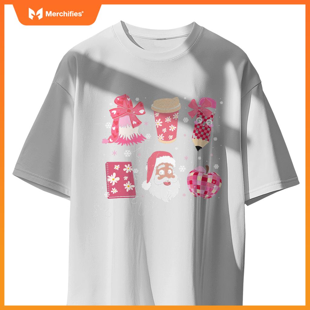 Women Pink Santa Teacher Christmas Coquette Bow Pencil Santa
