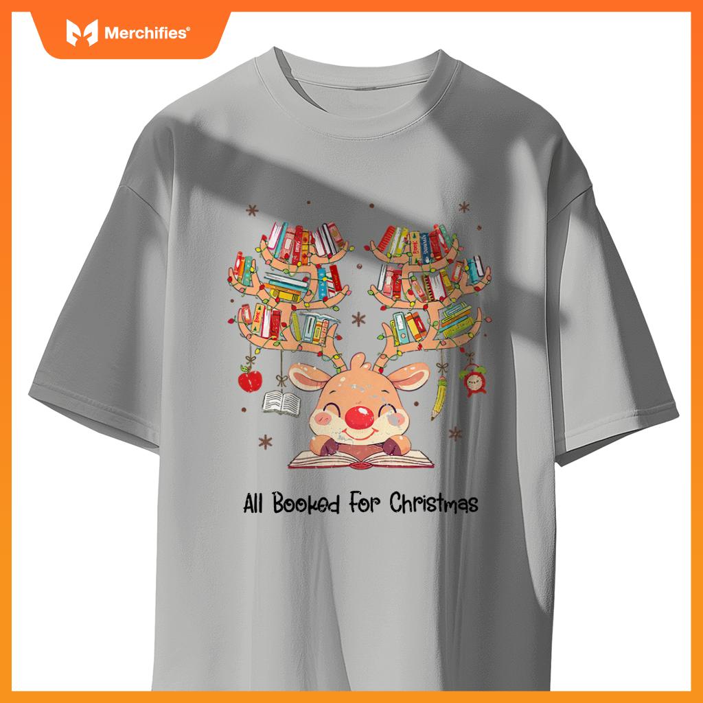 Women Reindeer Books Christmas Nerd Merry Teacher Librarian T-Shirt