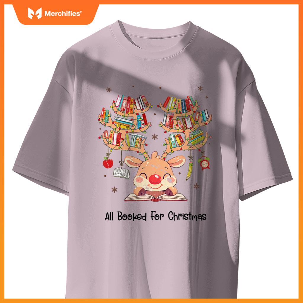 Women Reindeer Books Christmas Nerd Merry Teacher Librarian T-Shirt